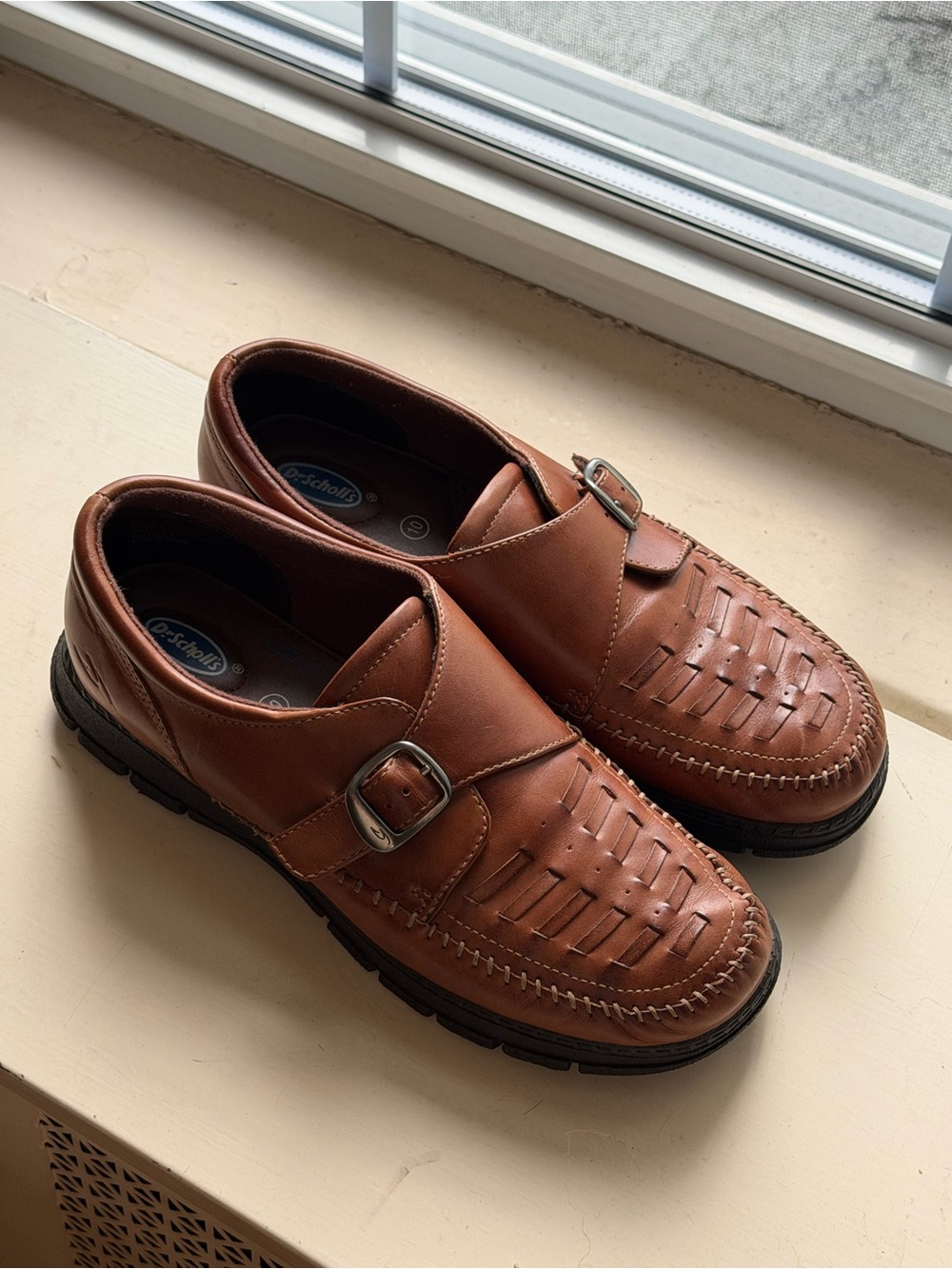 Dr. Scholl's Tan Brown Leather Woven Buckle Slip-Ons size 10